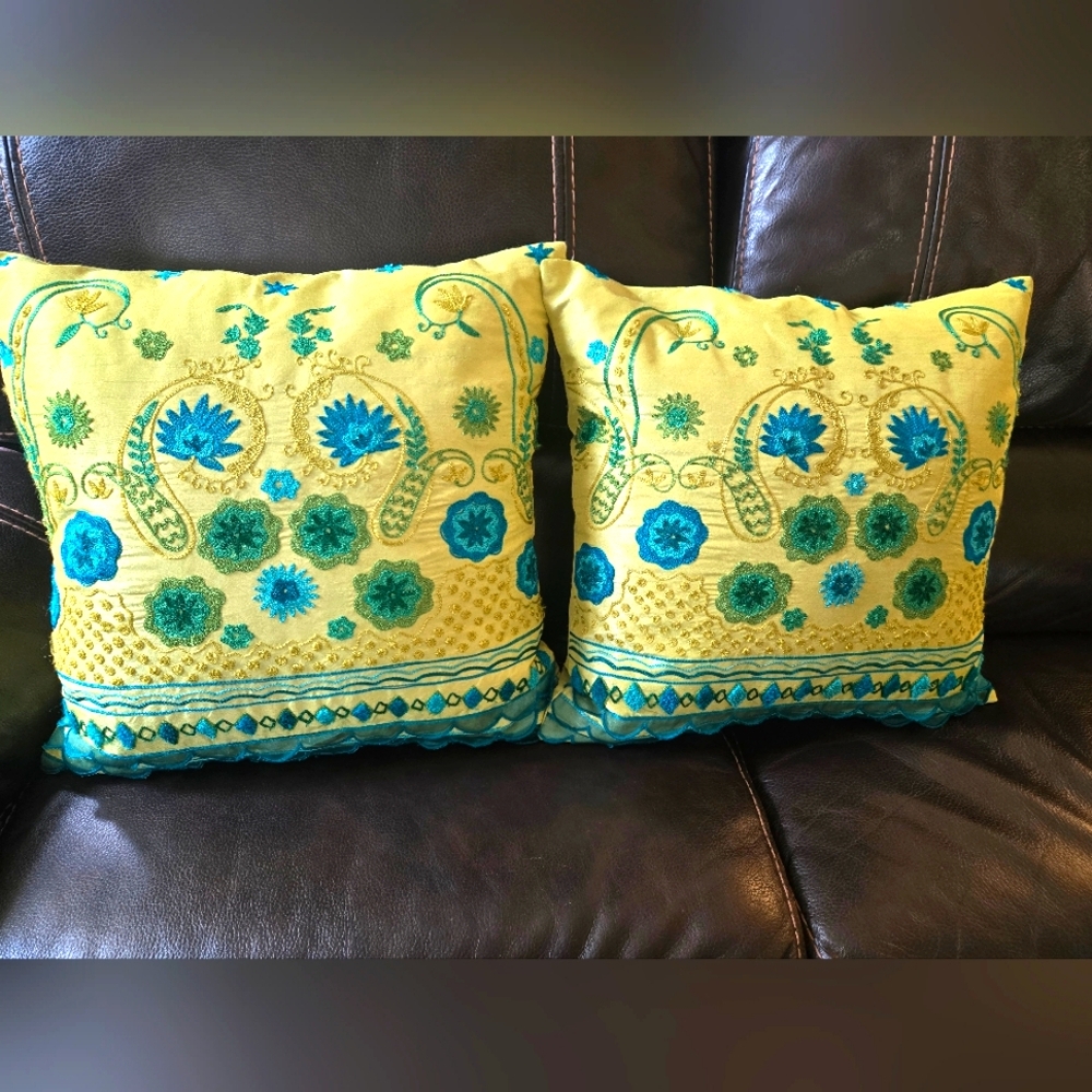 Lime Green & Teal Embroidered Decorative 2 Toss Pillow Covers - Picture 7 of 7